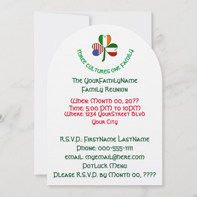 Italian Irish American Shamrock Family Reunion Invitation (Front)