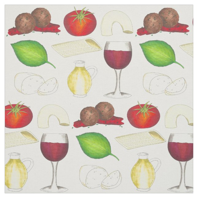Italian Italy Food Wine Meatballs Pasta Cheese Fabric (Swatch)