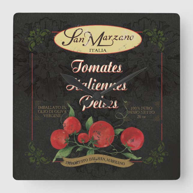 Italian Kitchen Clock, Retro Tomatoes Label Square Wall Clock (Front)