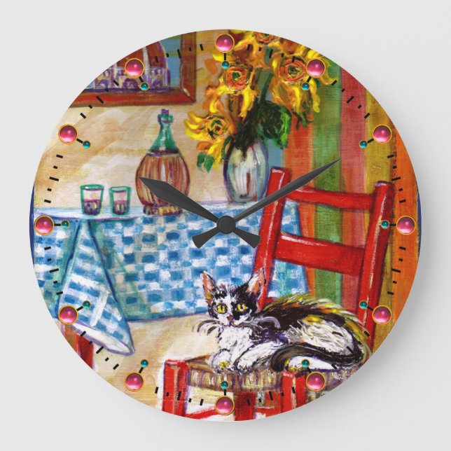 ITALIAN KITCHEN IN FLORENCE Cat,Red Chair and Wine Large Clock (Front)
