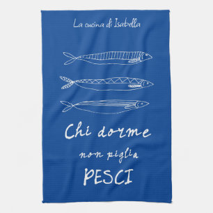 Italian kitchen sardines italy quote drawing blue tea towel