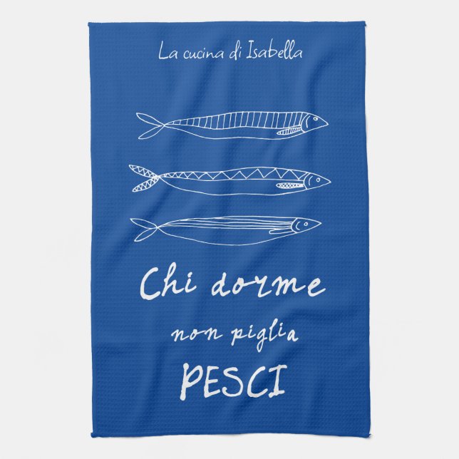 Italian kitchen sardines italy quote drawing blue tea towel (Vertical)