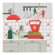 Italian kitchen with red scale and asparagus