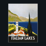 Italian Lakes Vintage Travel Italy Postcard<br><div class="desc">Italian Lakes Vintage Travel Poster This beautiful vintage Italian travel poster shows a lake and mountains with an italian church bell tower, a tall Cyprus tree, and an Italian lakes village. The Italian lakes district travel poster was a poster for ENIT, ca. 1930. The Italian lakes poster looks great on...</div>
