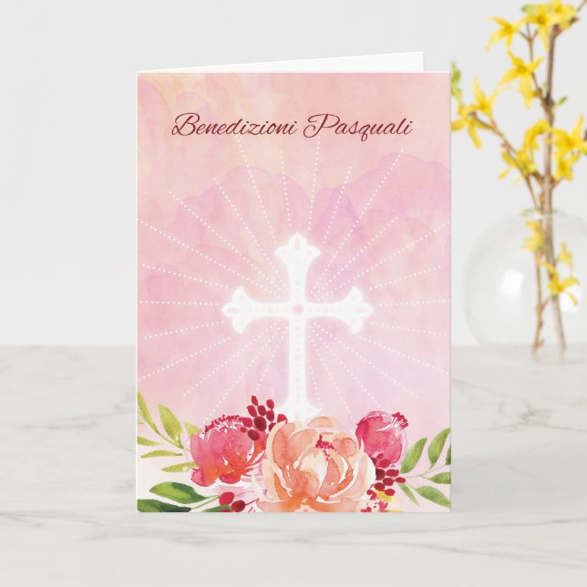 Italian Language Easter Blessings Flowers Cross Card (Yellow Flower)