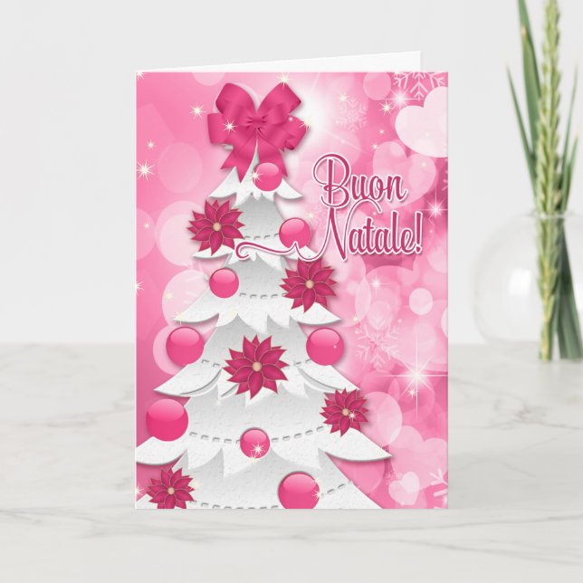 Italian Language Pink Poinsettia Christmas Tree Holiday Card (Front)