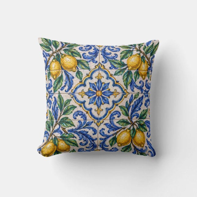 Italian Lemon Azulejo Tile Cushion (Front)