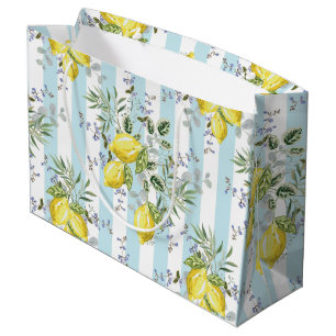 Italian Lemon Blossom Floral Stripe Mediterranean Large Gift Bag
