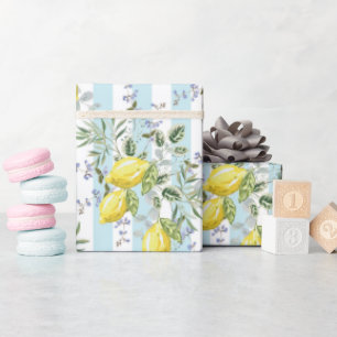 Italian Lemon Blossom Floral Stripe Mediterranean Wrapping Paper