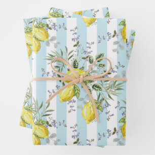 Italian Lemon Blossom Floral Stripe Mediterranean Wrapping Paper Sheet