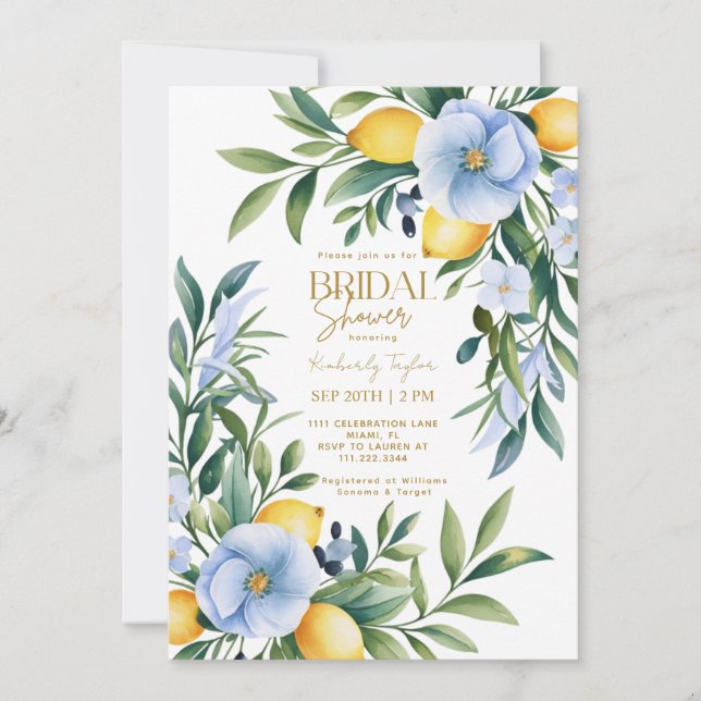 Italian Lemon Blue Floral Citrus Bridal Shower Invitation (Front)