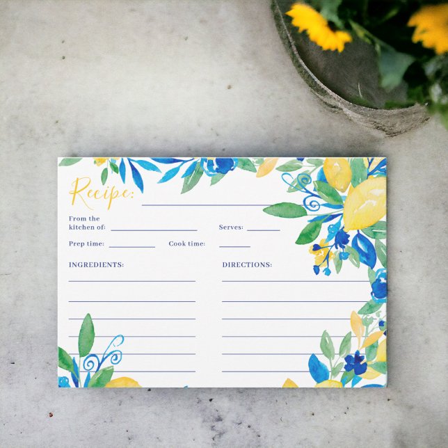 Italian lemon blue floral script bridal recipe  enclosure card (Italian lemon blue floral script bridal recipe enclosure card)