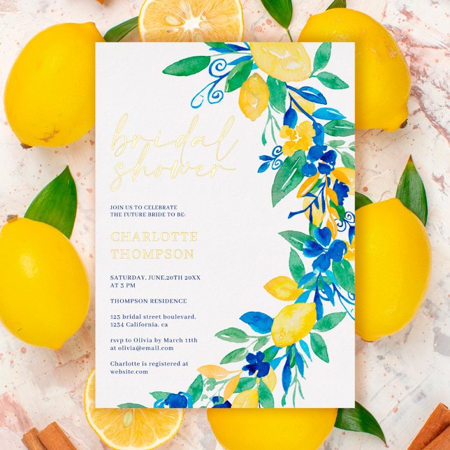 Italian lemon blue floral script bridal shower  (Creator Uploaded)