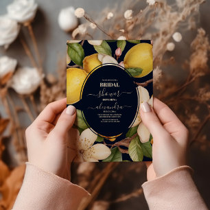 Italian lemon blue floral script bridal shower invitation