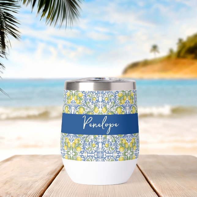 Italian Lemon Blue Majolica Tile Pattern (Italian Lemon Blue Majolica Tile Pattern wine tumbler)