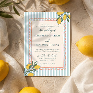 Italian Lemon Blue Stripe Peach Coastal Wedding Invitation
