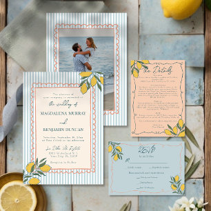 Italian Lemon Blue Stripe Peach Coastal Wedding Invitation