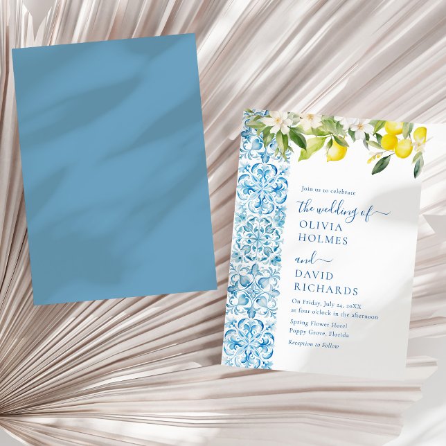 Italian Lemon Blue Tile Destination Wedding Invitation (Modern Mediterranean Blue Tiles and Lemon Wedding Invitation on a sunny white dry palm leaf.)