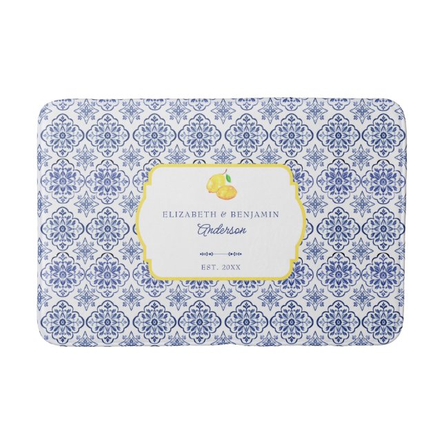 Italian Lemon Blue Tile Personalised Mediterranean Bath Mat (Front)