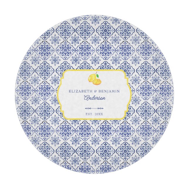 Italian Lemon Blue Tile Personalised Mediterranean Cutting Board (Front)