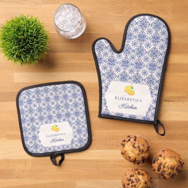 Italian Lemon Blue Tile Personalised Mediterranean Oven Mitt & Pot Holder Set (Top Down)