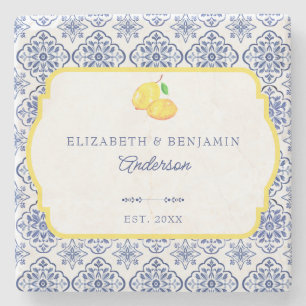 Italian Lemon Blue Tile Personalised Mediterranean Stone Coaster