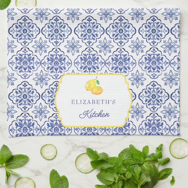 Italian Lemon Blue Tile Personalised Mediterranean Tea Towel (Folded)