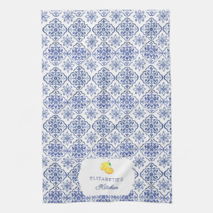 Italian Lemon Blue Tile Personalised Mediterranean Tea Towel