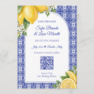 Italian Lemon Blue Tile Save the Date Wedding Invitation
