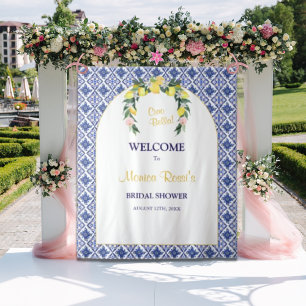 Italian Lemon Blue Tiles Bridal Shower Backdrop  Tapestry