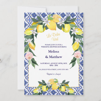 Italian Lemon Blue Tiles Couple Wedding Shower Invitation