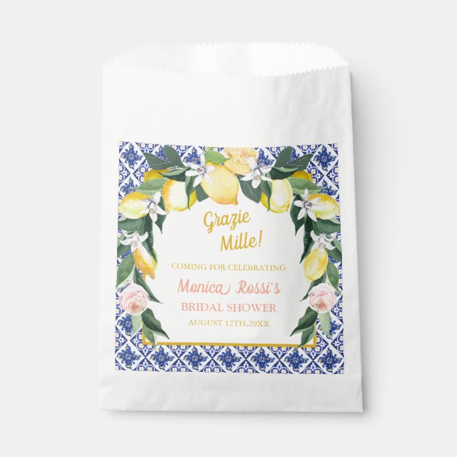 Italian Lemon Blue Tiles Grazie Mille Bridal Showe Favour Bags (Front)