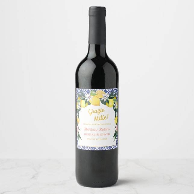 Italian Lemon Blue Tiles Grazie Mille Bridal Showe Wine Label (Front)