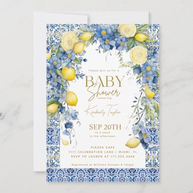 Italian Lemon Blue Tiles Italy Baby Shower Invitation (Front)