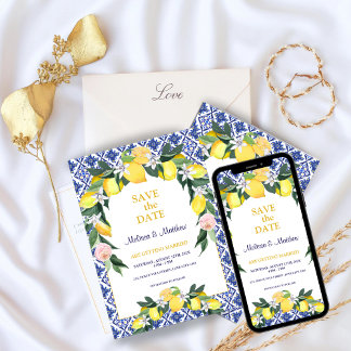 Italian Lemon Blue Tiles Mediterranean Wedding   Save The Date