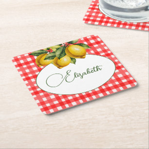  Italian Lemon Botanical Red White Pattern Square Paper Coaster