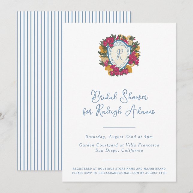 Italian Lemon & Bougainvillea Crest Bridal Shower  Invitation (Front/Back)