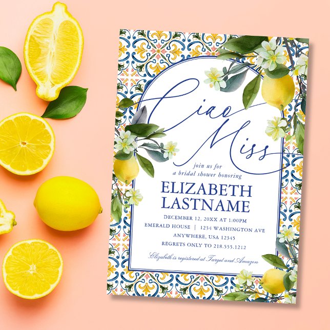 Italian Lemon Bridal Shower Invitation (Italian lemon bridal shower invitation with blue tile design. Perfect Amalfi Coast them.)