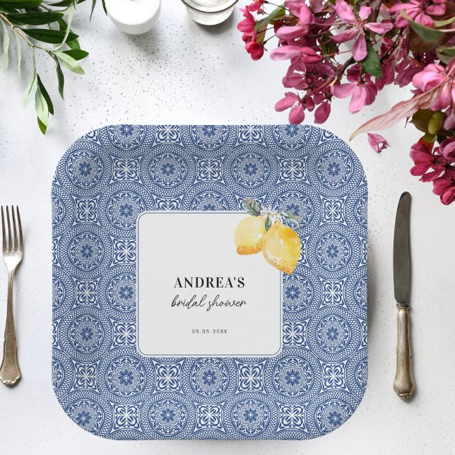 Italian Lemon Floral & Blue Tile Bridal Shower Paper Plate (Creator Uploaded)