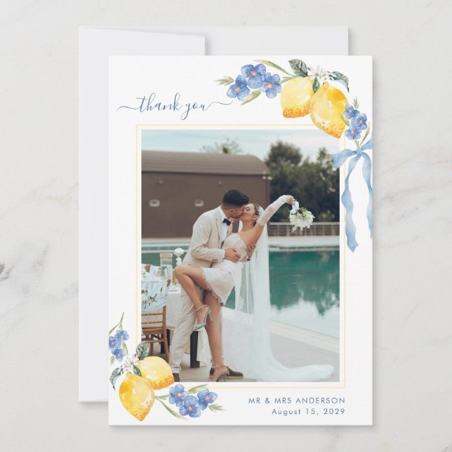Italian Lemon Floral & Bow Blue and Yellow Wedding Thank You Card (Front)
