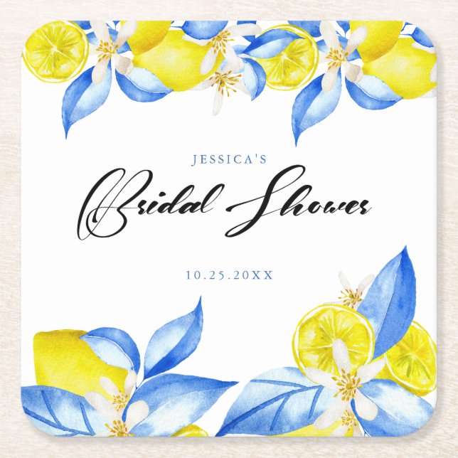 Italian Lemon Floral Bridal Shower invite Square Paper Coaster (Front)