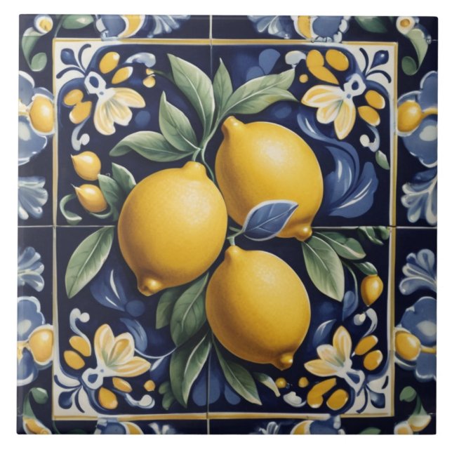 Italian Lemon Folk Art Dark Navy Blue Folksy Tile (Front)