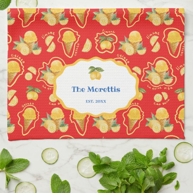 Italian Lemon Gelato Pattern Personalised Monogram Tea Towel (Folded)