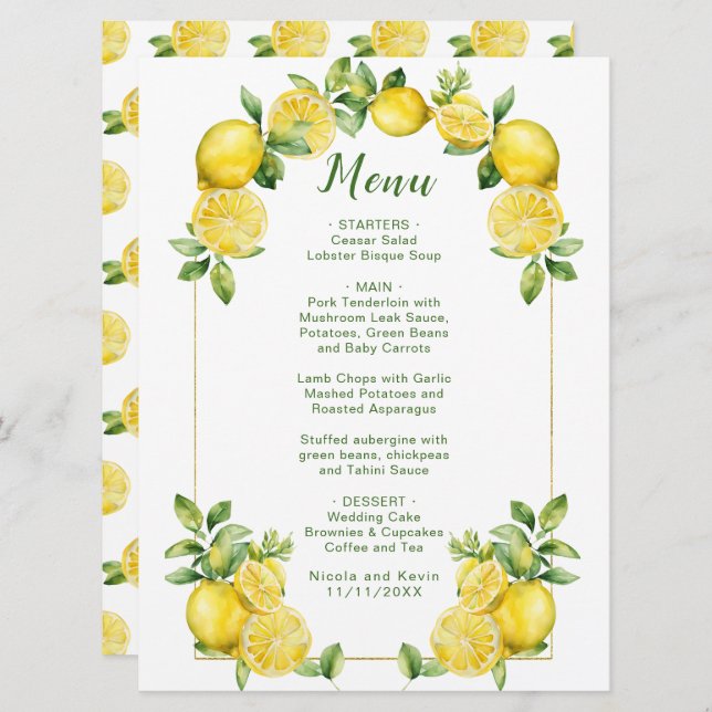 Italian Lemon Greenery Frame Wedding Menu (Front/Back)