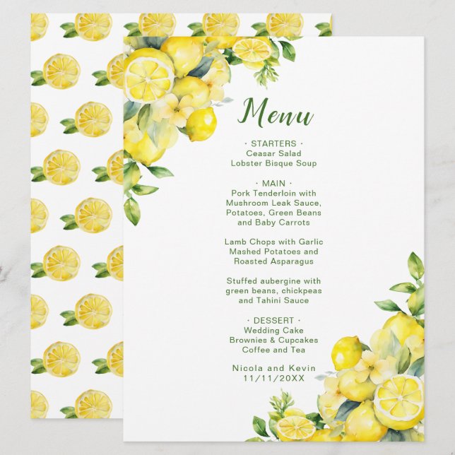 Italian Lemon Greenery Frame Wedding Menu (Front/Back)
