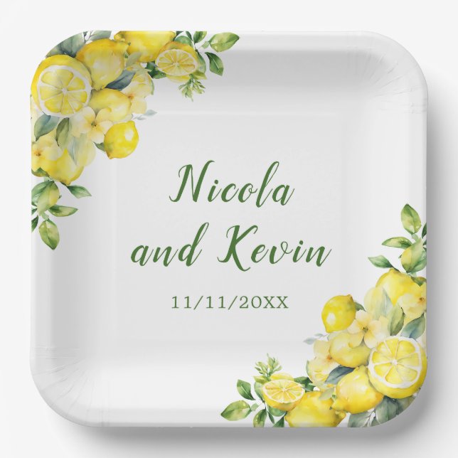 Italian Lemon Greenery Frame Wedding Paper Plate (Front)