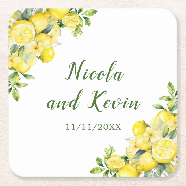 Italian Lemon Greenery Frame Wedding Square Paper Coaster (Front)