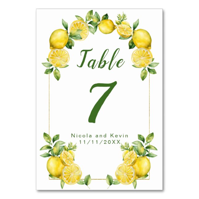 Italian Lemon Greenery Frame Wedding Table Number (Front)
