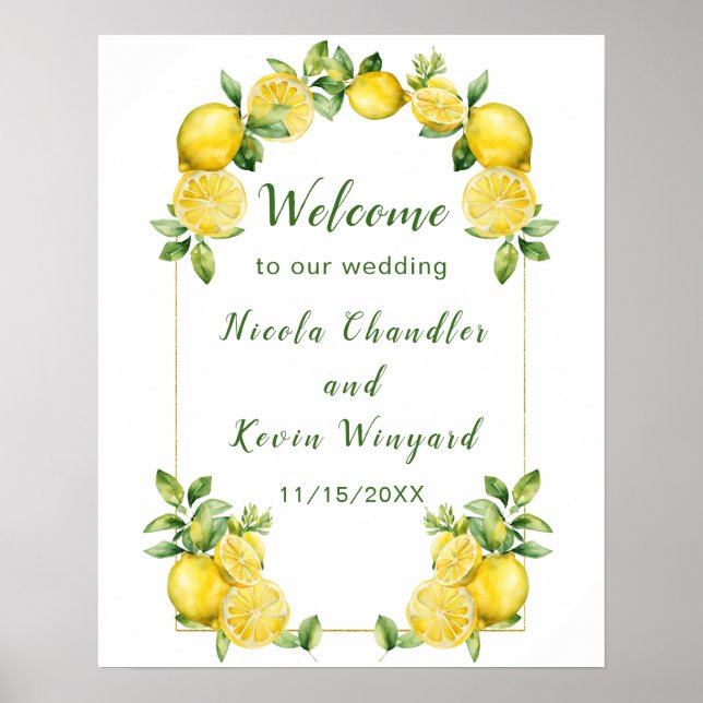 Italian Lemon Greenery Frame Wedding Welcome Poster (Front)