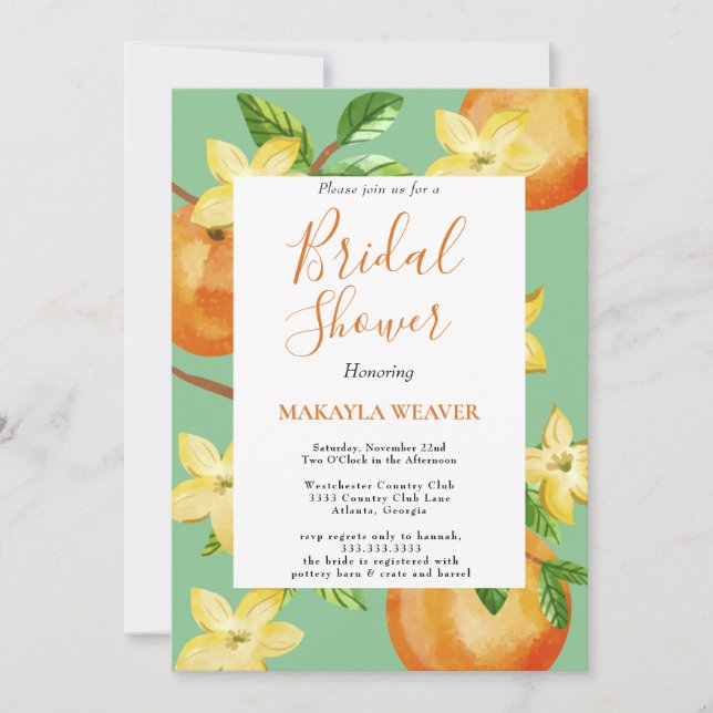 Italian lemon orange floral script bridal shower invitation (Front)